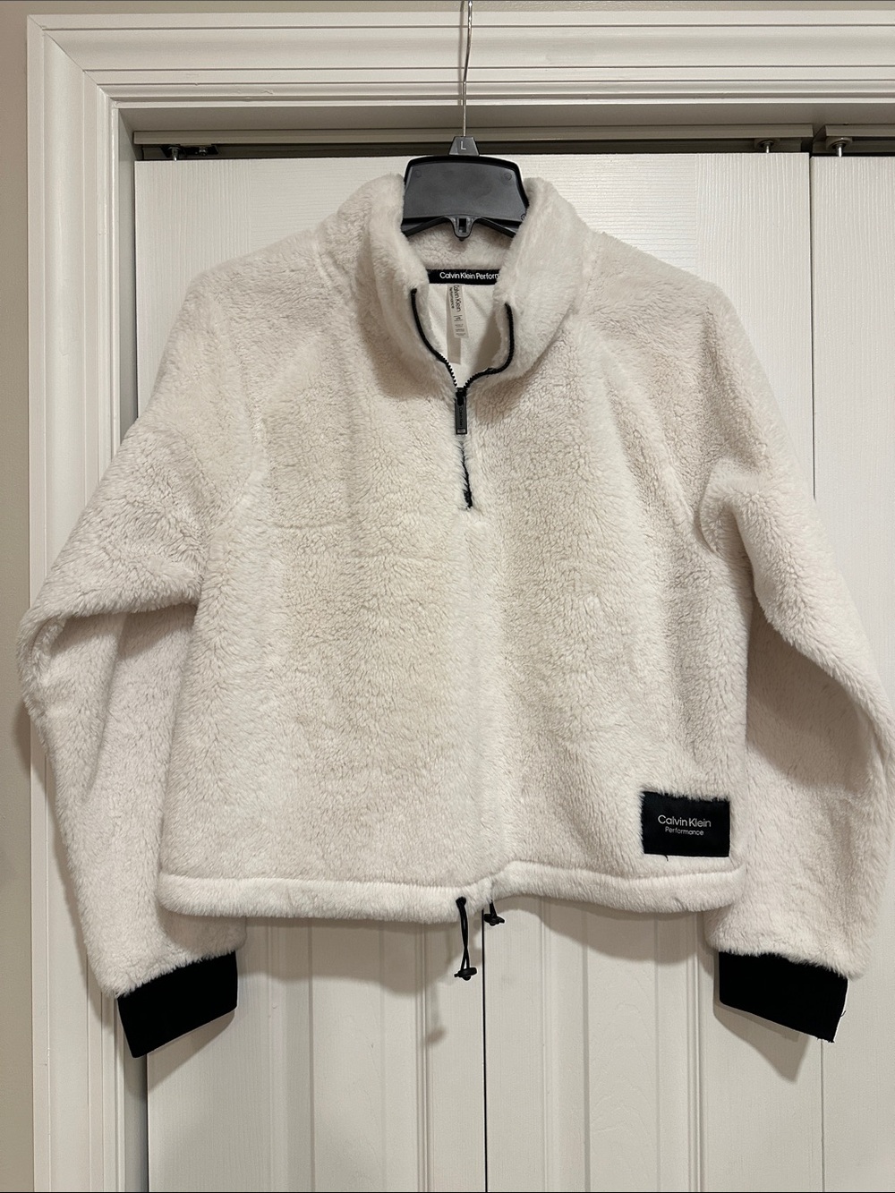 Calvin Klein White Sherpa Quarter-Zip Pullover Jacket with Black Trim